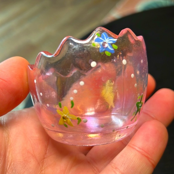 Vintage Pink Iridescent Glass Egg Dish Hand Painted Tealight Candle Holder - Picture 8 of 11